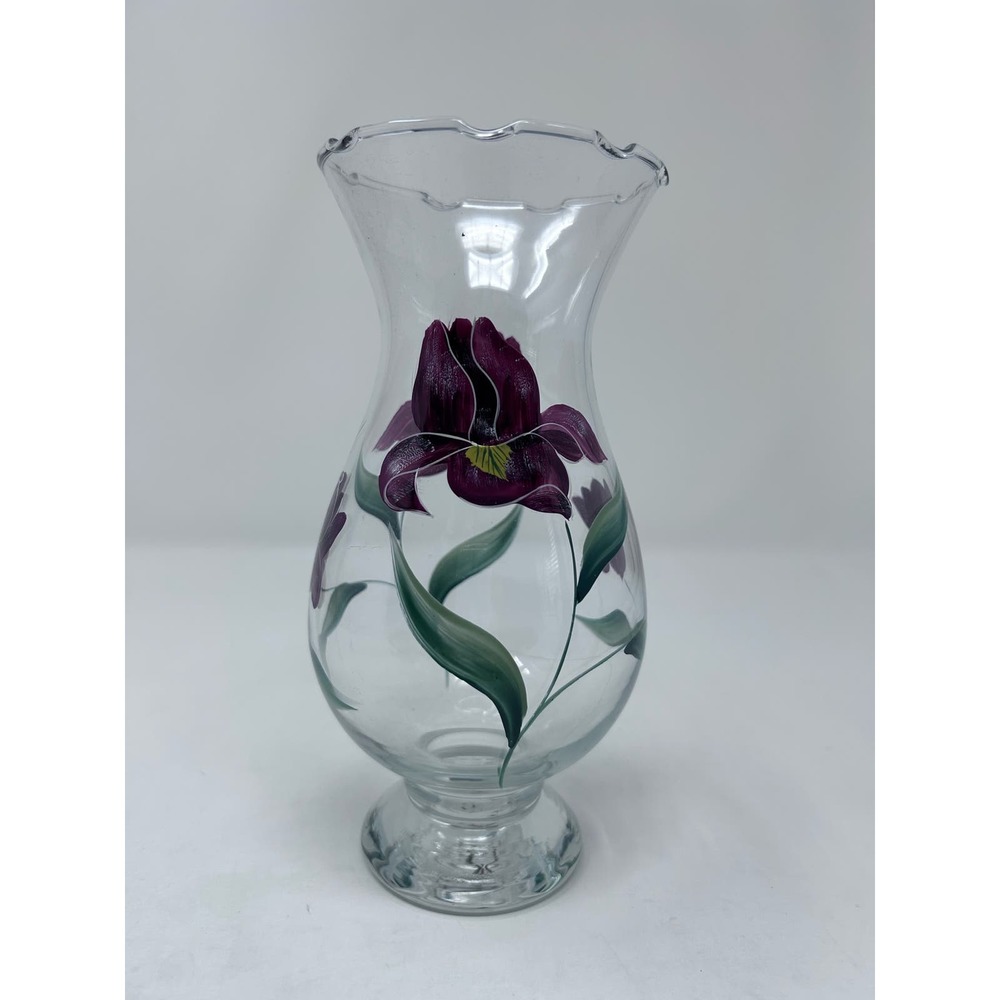 Vintage 1980's Purple Iris Blossom Vase Scalloped Opening 8" Tall x 3 1/2" Wide‎
